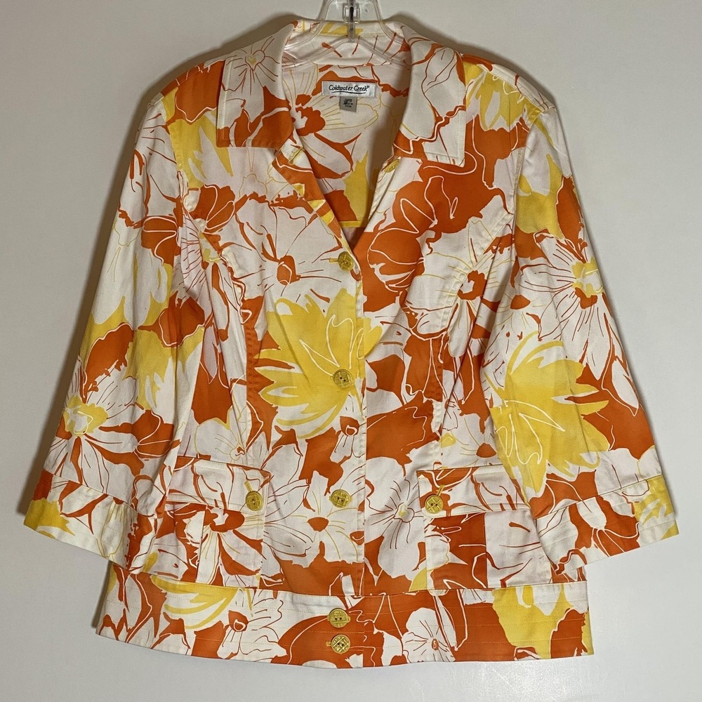Coldwater Creek Jacket Womens 18W Orange Yellow Floral Button Front Pockets